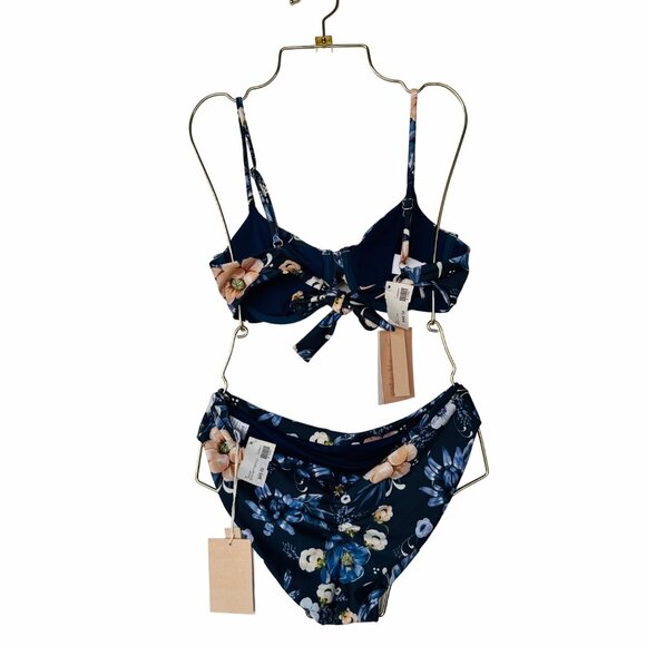 ⭐Encantadore Floral Bikini 2 PC Set Womens Sz L Navy Blue Full Coverage Carmen⭐ - Picture 3 of 11